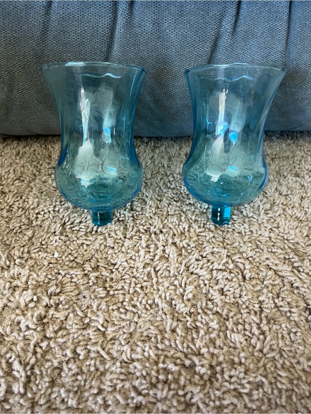 Homco Teal Blue Glass Hurricane Candle Holders - Pair